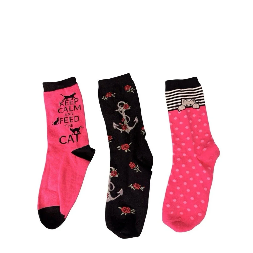 Women’s Cat Socks 3 Pair Lot Anchor Roses Pink Novelty K.bell New Size 4-10